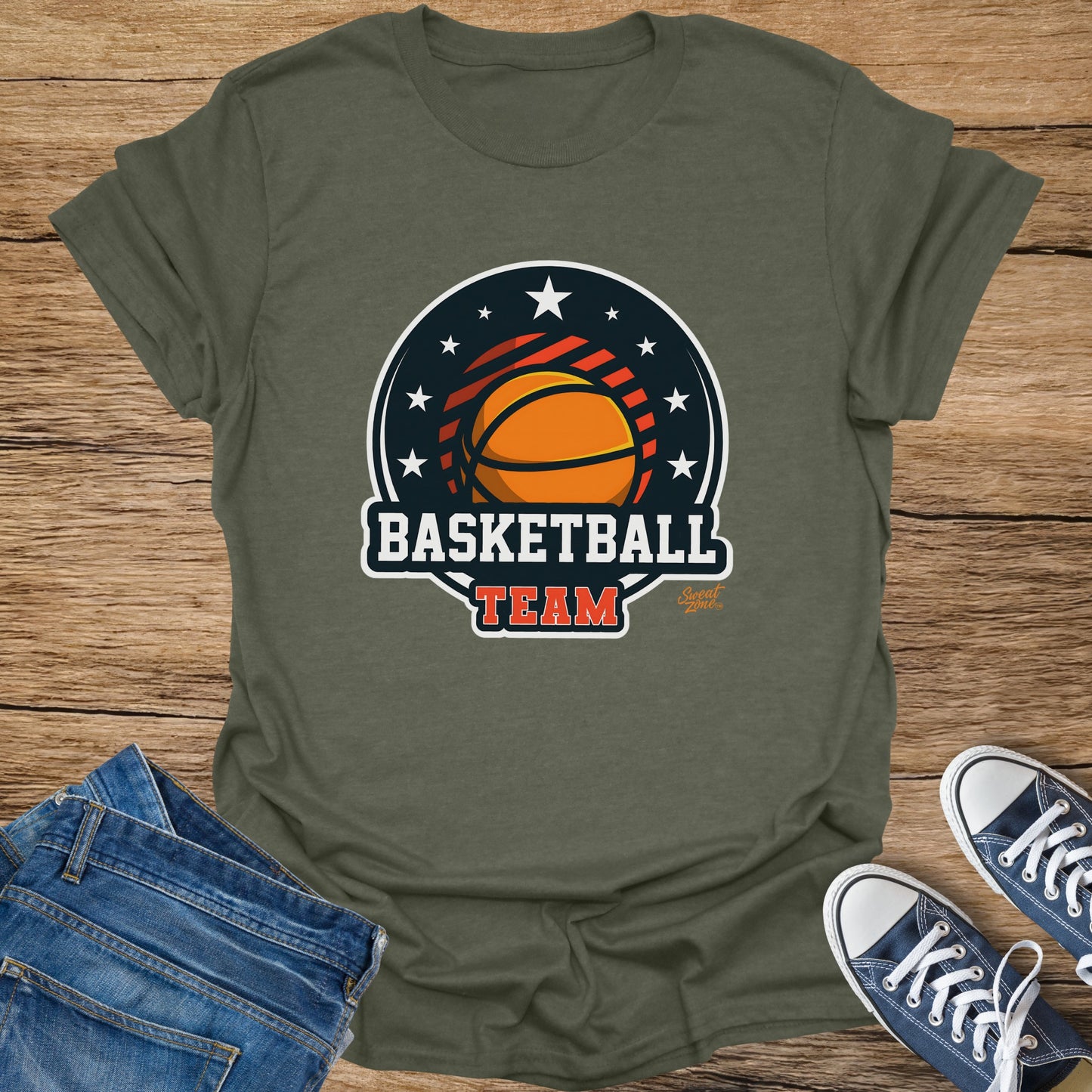 Green t-shirt with "BASKETBALL TEAM" text and basketball graphic.