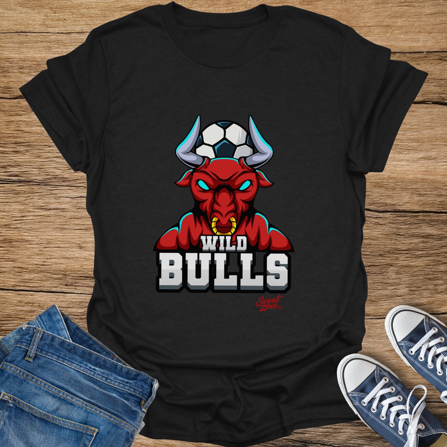 Black t-shirt with red bull wearing soccer ball, text "WILD BULLS" and "Sweat Zone"