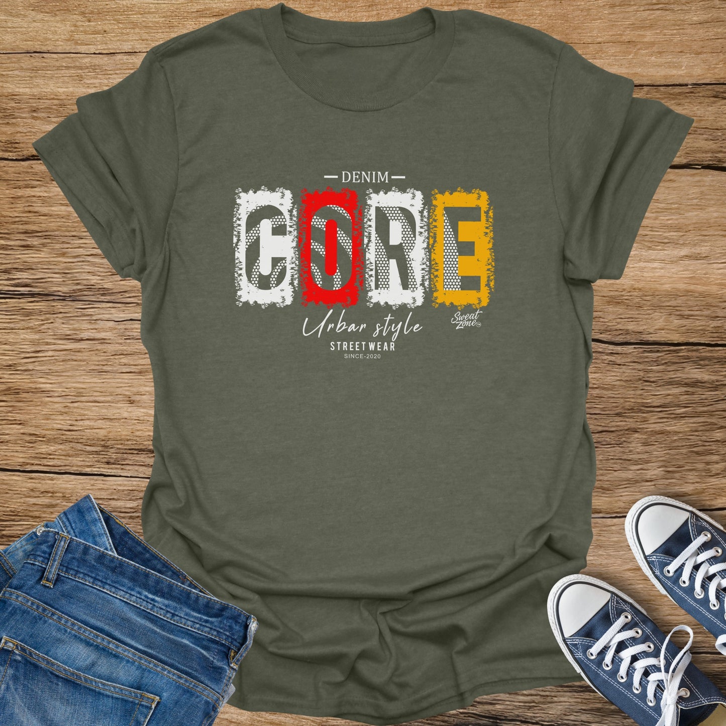 Green t-shirt with "CORE" graphic, "Urban Style" and "Streetwear Since 2020".
