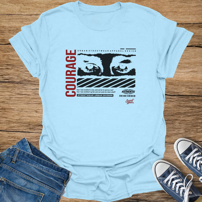 Light blue t-shirt with "COURAGE" and "URBAN STREETWEAR" design.