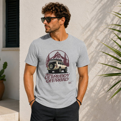 Grey t-shirt with "Get Muddy Off-road" and graphic of an off-road vehicle with mountains.