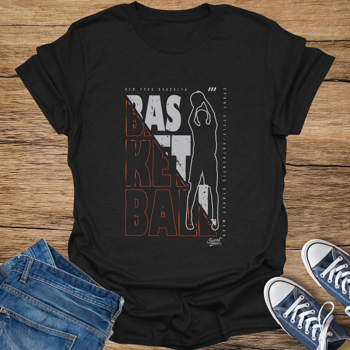 Black t-shirt with "BASKET BALL" graphic, basketball player, and "New York Brooklyn" text.