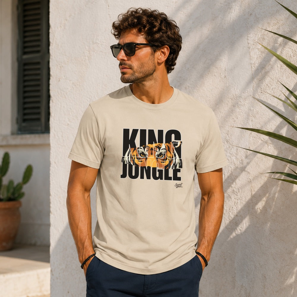 Light beige t-shirt with black "KING JUNGLE" text and tiger graphic.