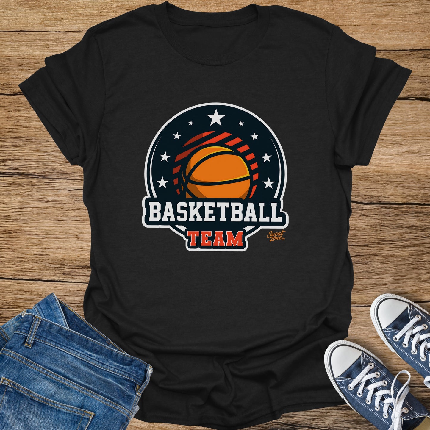 Black t-shirt with basketball team graphic and small logo in circle.