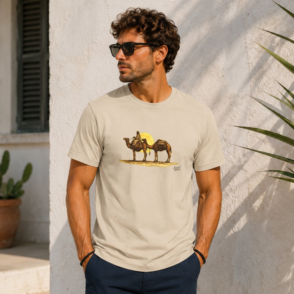 Light tan t-shirt with desert caravan print and "Sweet Dreams" text.
