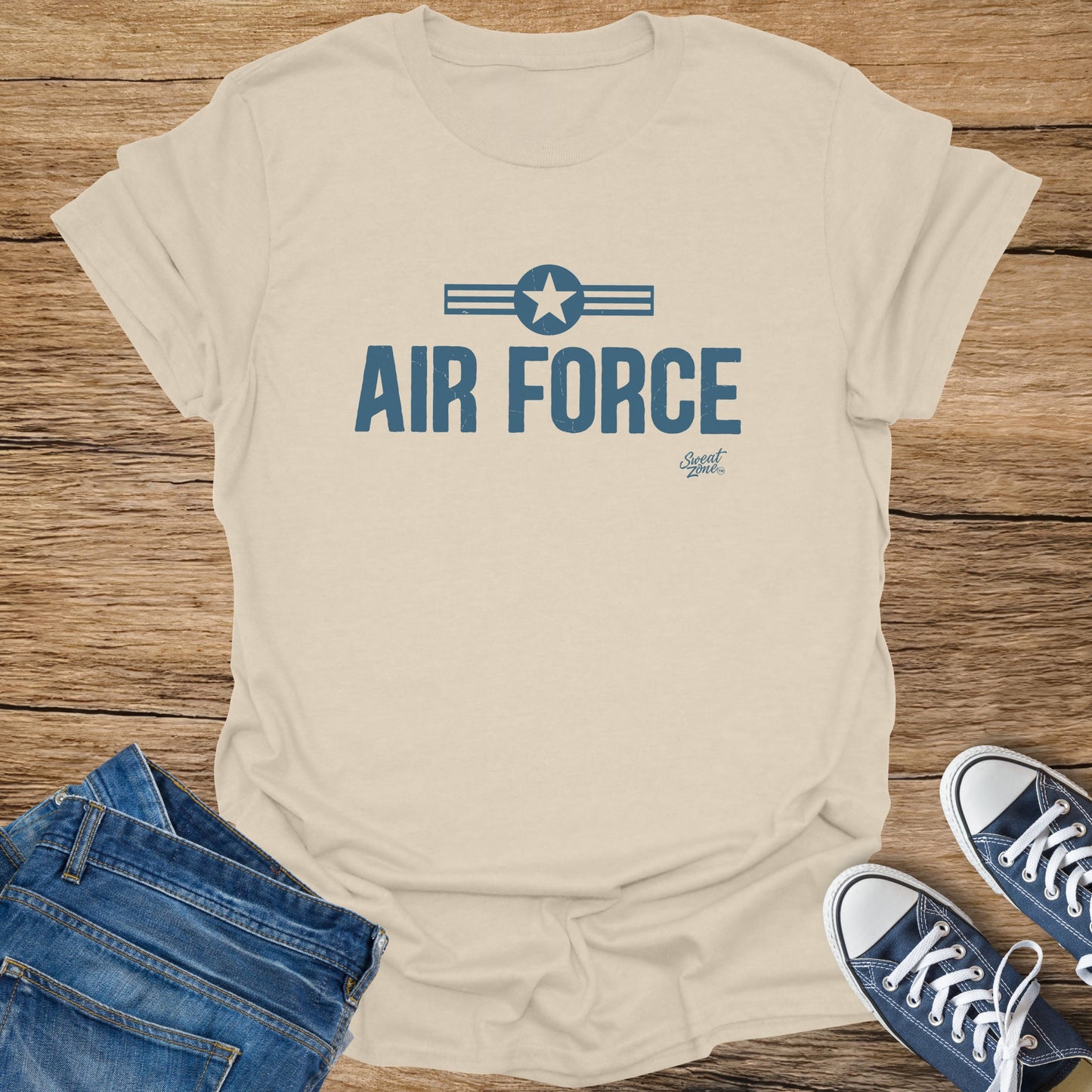 Light brown t-shirt with distressed blue "AIR FORCE" text and logo.