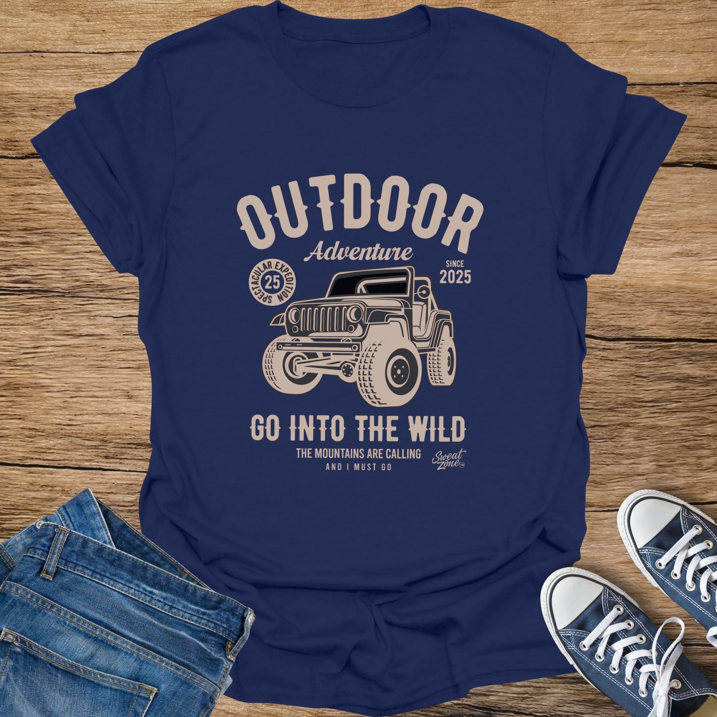 Navy t-shirt with "Outdoor Adventure" text and a Jeep graphic.