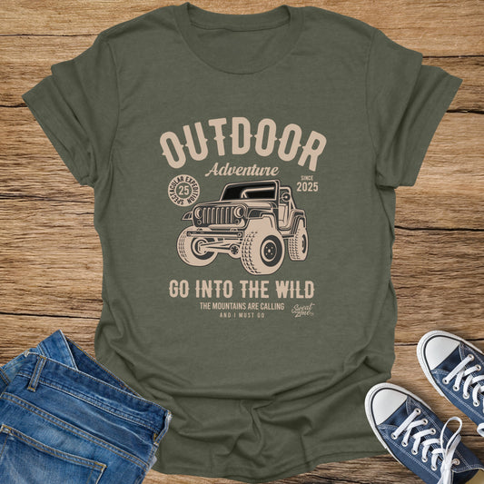 Olive t-shirt with "Outdoor Adventure" graphic and a jeep.