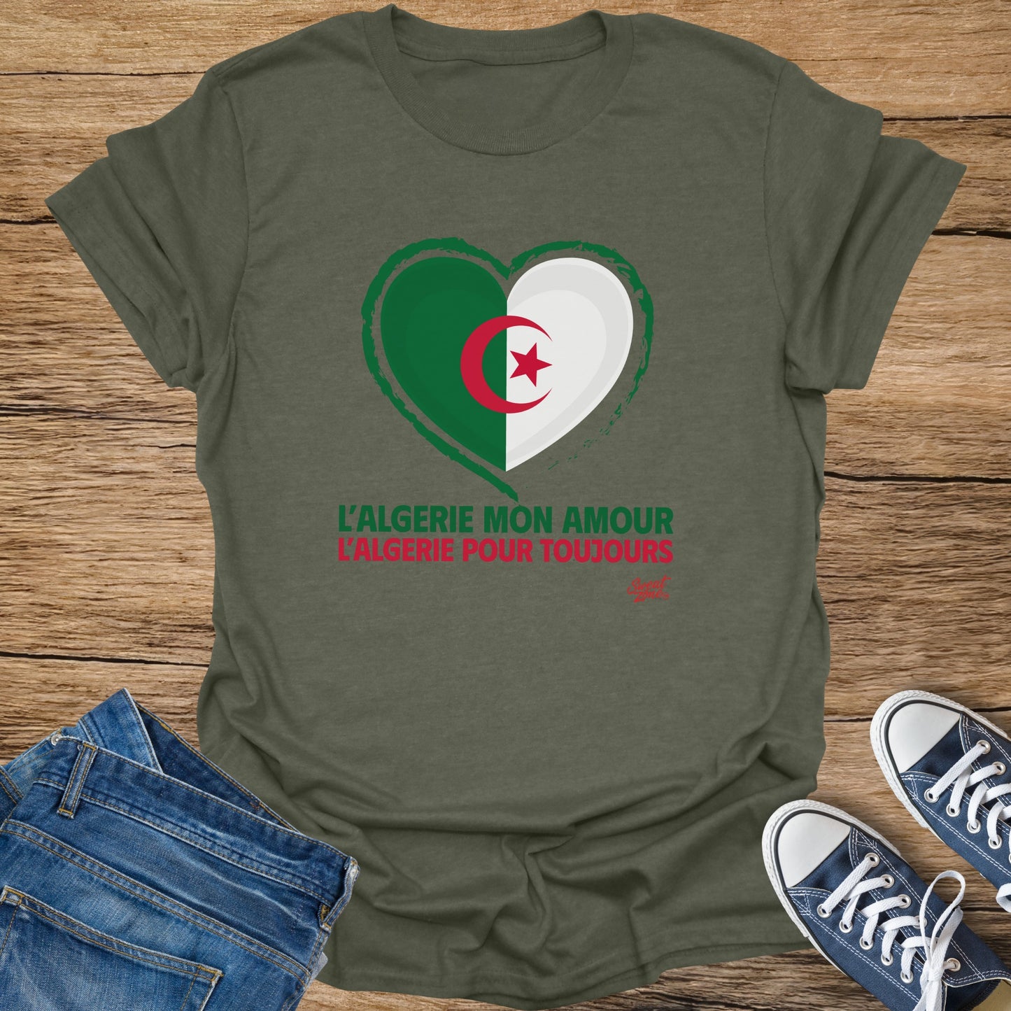 Green t-shirt with Algerian flag heart and text "L'ALGERIE MON AMOUR L'ALGERIE POUR TOUJOURS".
