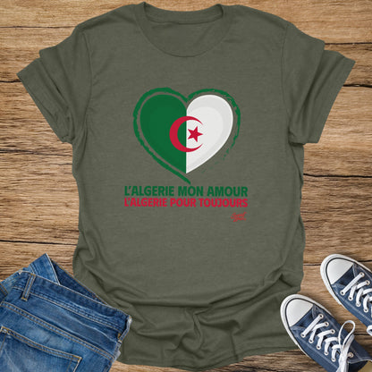 Green t-shirt with Algerian flag heart and text "L'ALGERIE MON AMOUR L'ALGERIE POUR TOUJOURS".