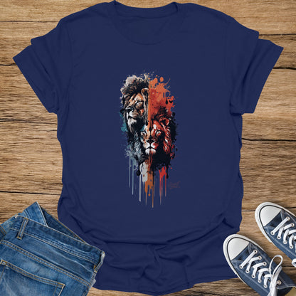 Navy t-shirt with abstract watercolor lions and "Sweat Zone" text.