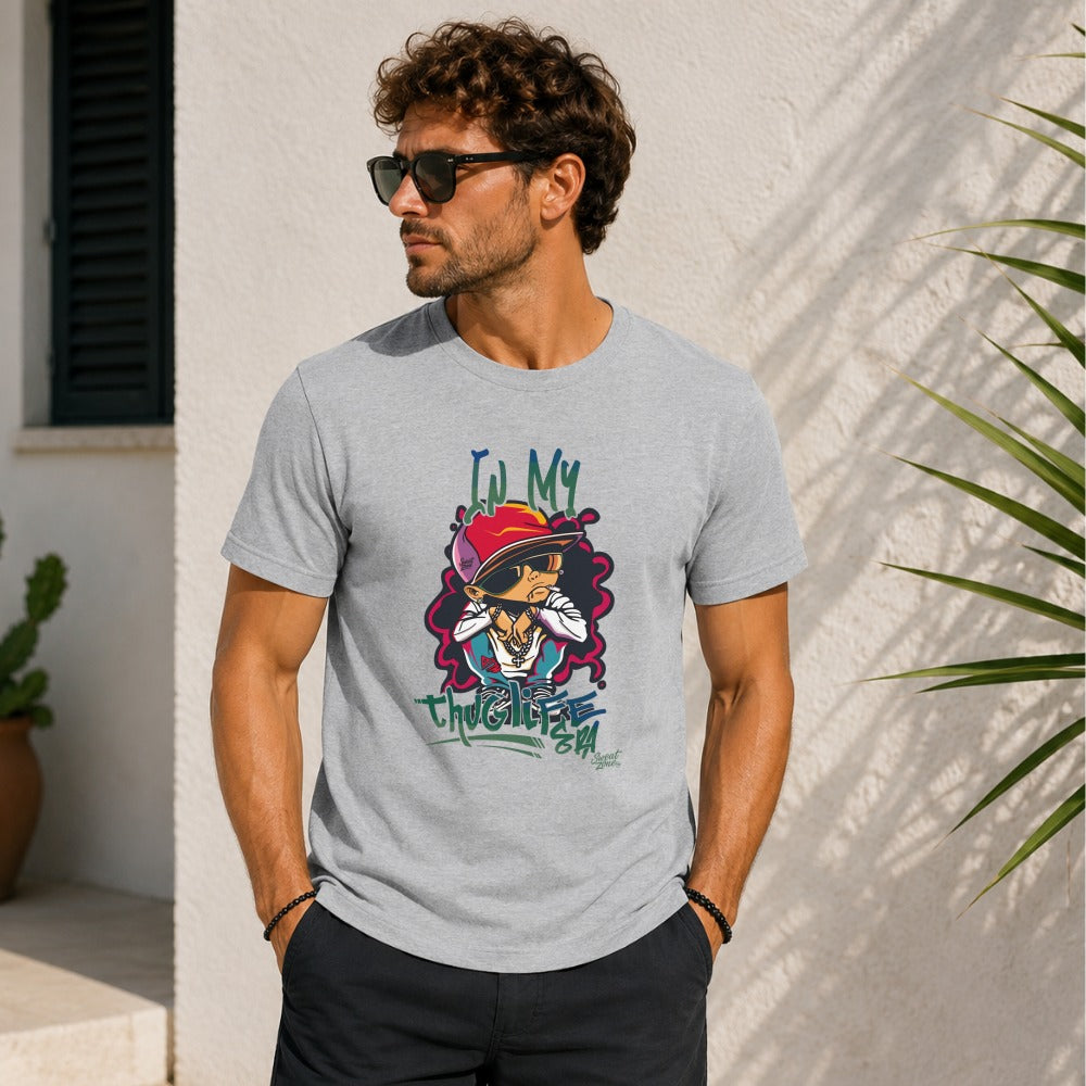 Grey t-shirt with cartoon graphic and "In My Thug Life" text.