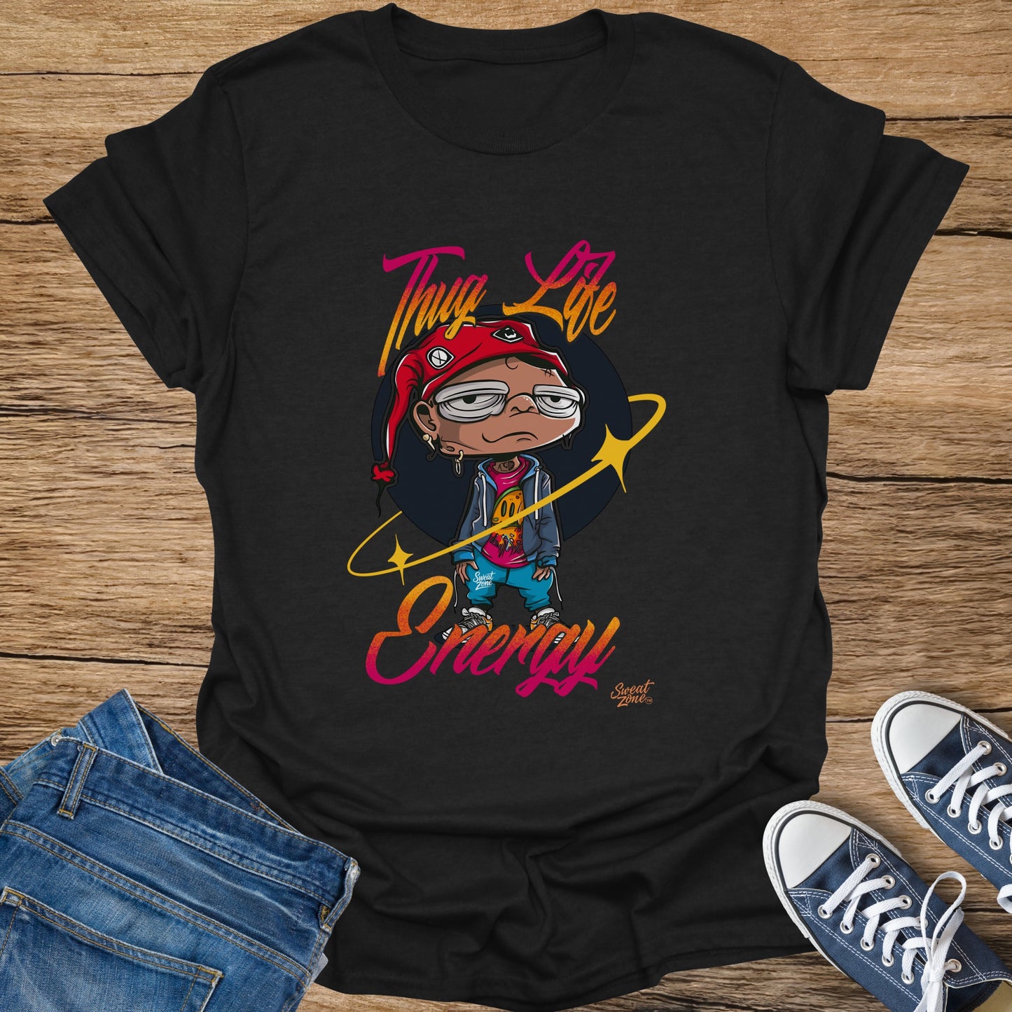 Black t-shirt featuring a cartoon character and the text "Thug Life Energy".