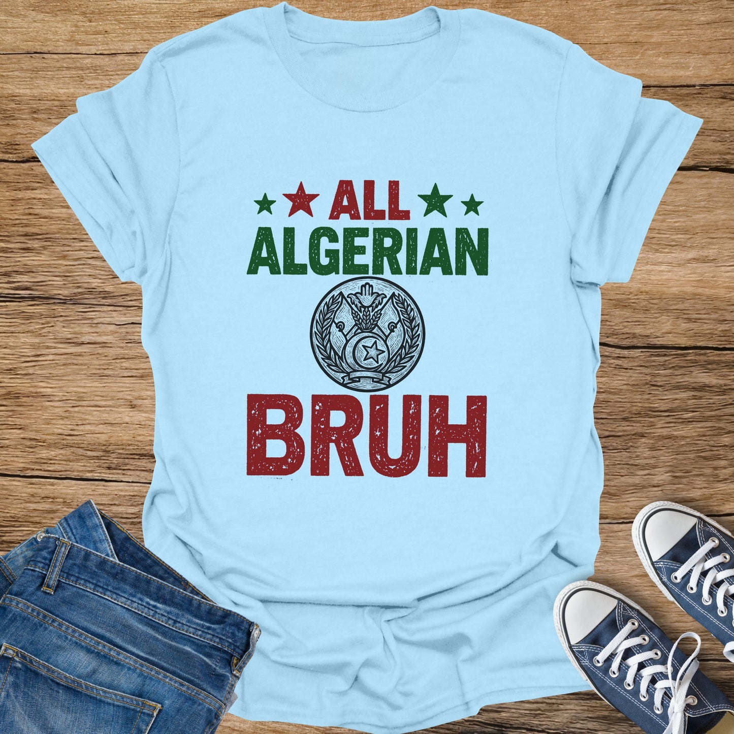 Light blue t-shirt with "All Algerian Bruh" text and Algerian emblem.