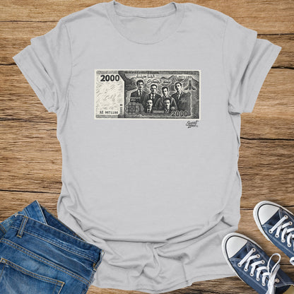 T-shirt with illustration of Algerian 2000 dinar banknotefeaturing portraits and text like "2000" and "Sweat Zone".