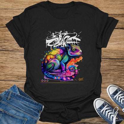 Black t-shirt featuring a colorful, stylized chameleon graphic with white graffiti art.