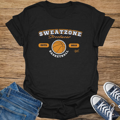 Black t-shirt with "SWEATZONE Streetwear Basketball ESTD 2019" graphic.
