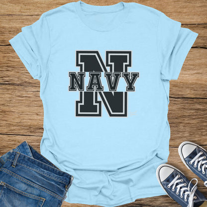 Light blue t-shirt with "NAVY" text and two "N" graphics.