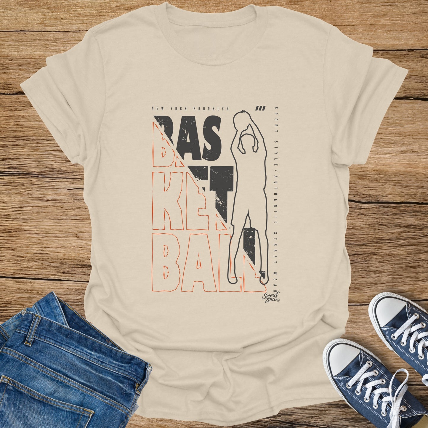 Cream t-shirt with large black and red "BASKET BALL" text and silhouette of a basketball player.