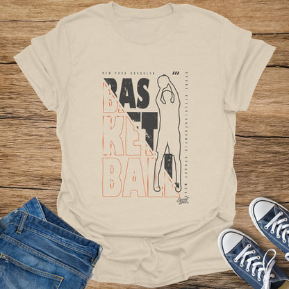 Cream t-shirt with large black and red "BASKET BALL" text and silhouette of a basketball player.