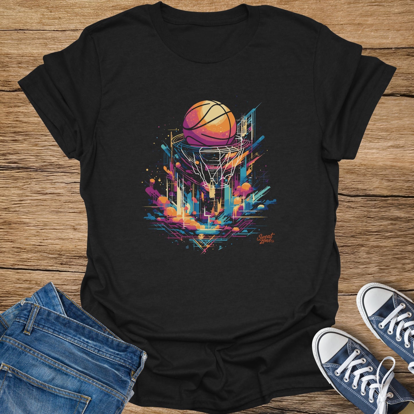 Black t-shirt with abstract basketball and city skyline graphic and "Sweat Zone" logo.