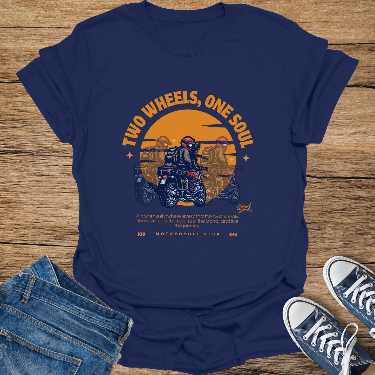 Navy t-shirt with "Two Wheels, One Soul" and motorcycle graphic.