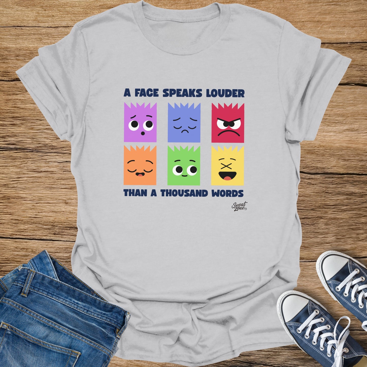 A face speaks louder than a thousand words text over six colorful cartoon faces.