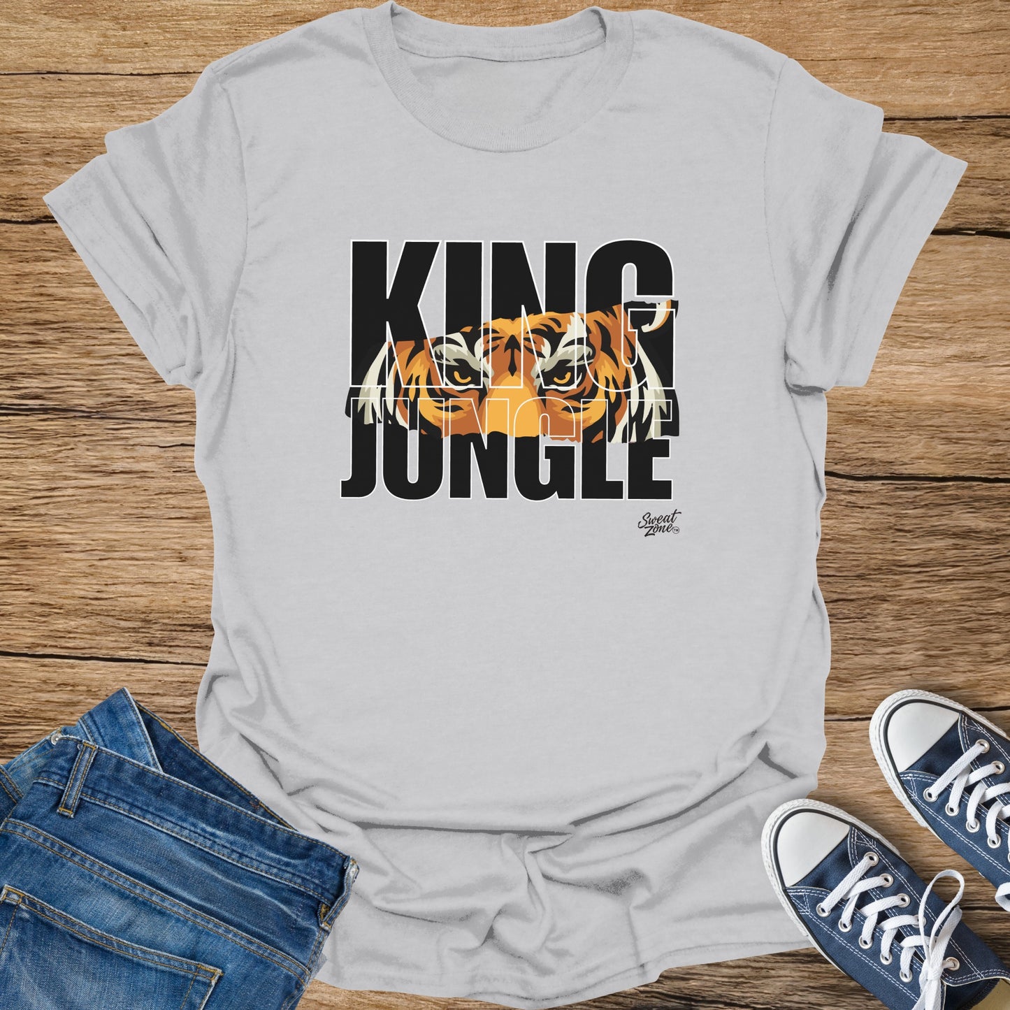 Light gray t-shirt with black text "KING JUNGLE" and a tiger's face.