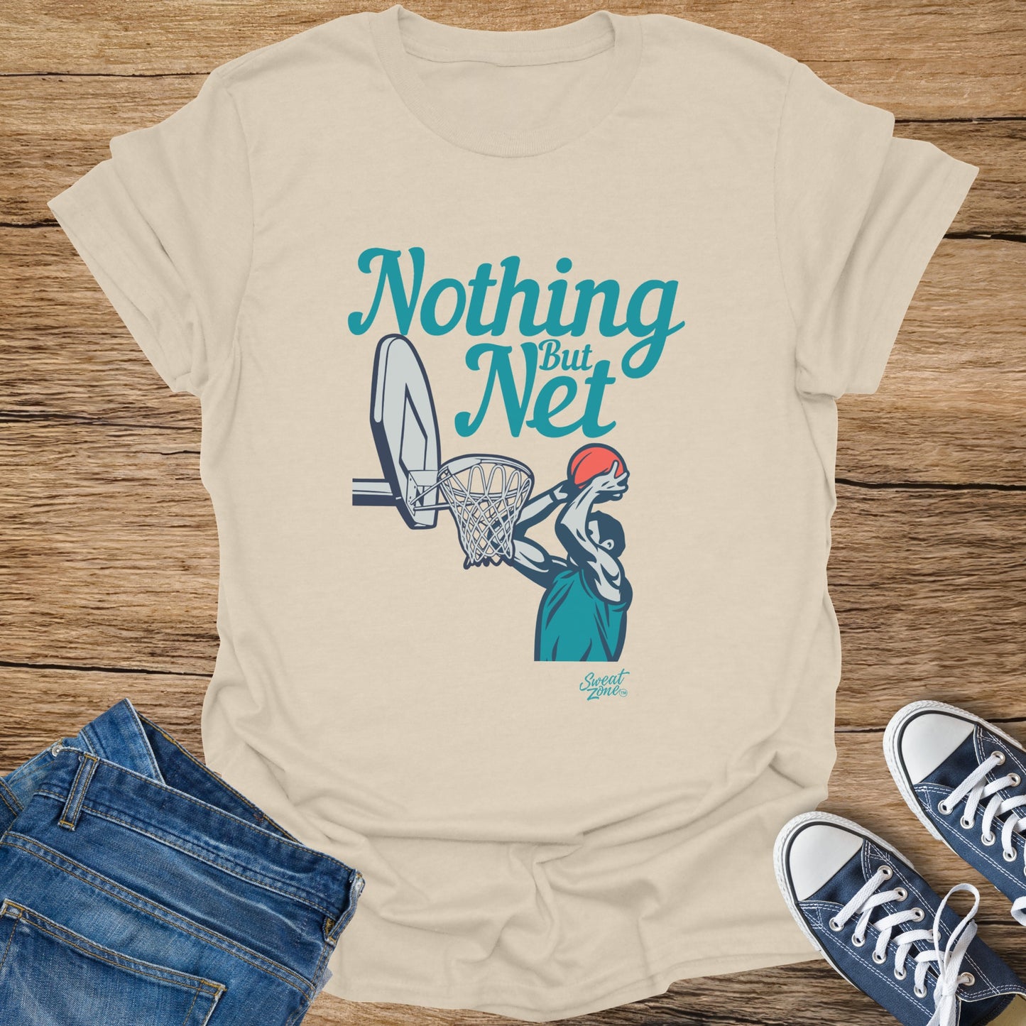 T-shirt with graphic of basketball player and text "Nothing But Net".