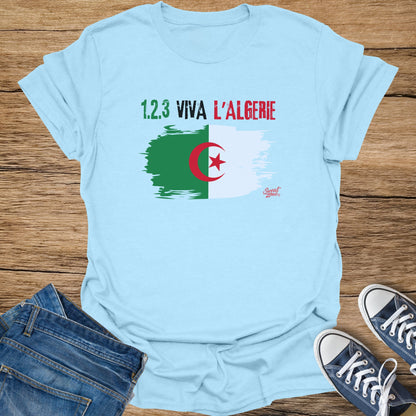 Light blue t-shirt with "1.2.3 VIVA L'ALGERIE" text and Algerian flag design.