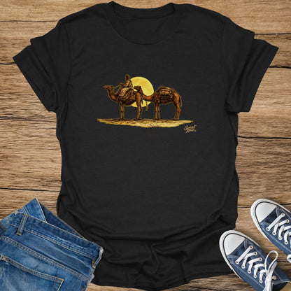 Black t-shirt with illustration of two camels and rider under a full moon.