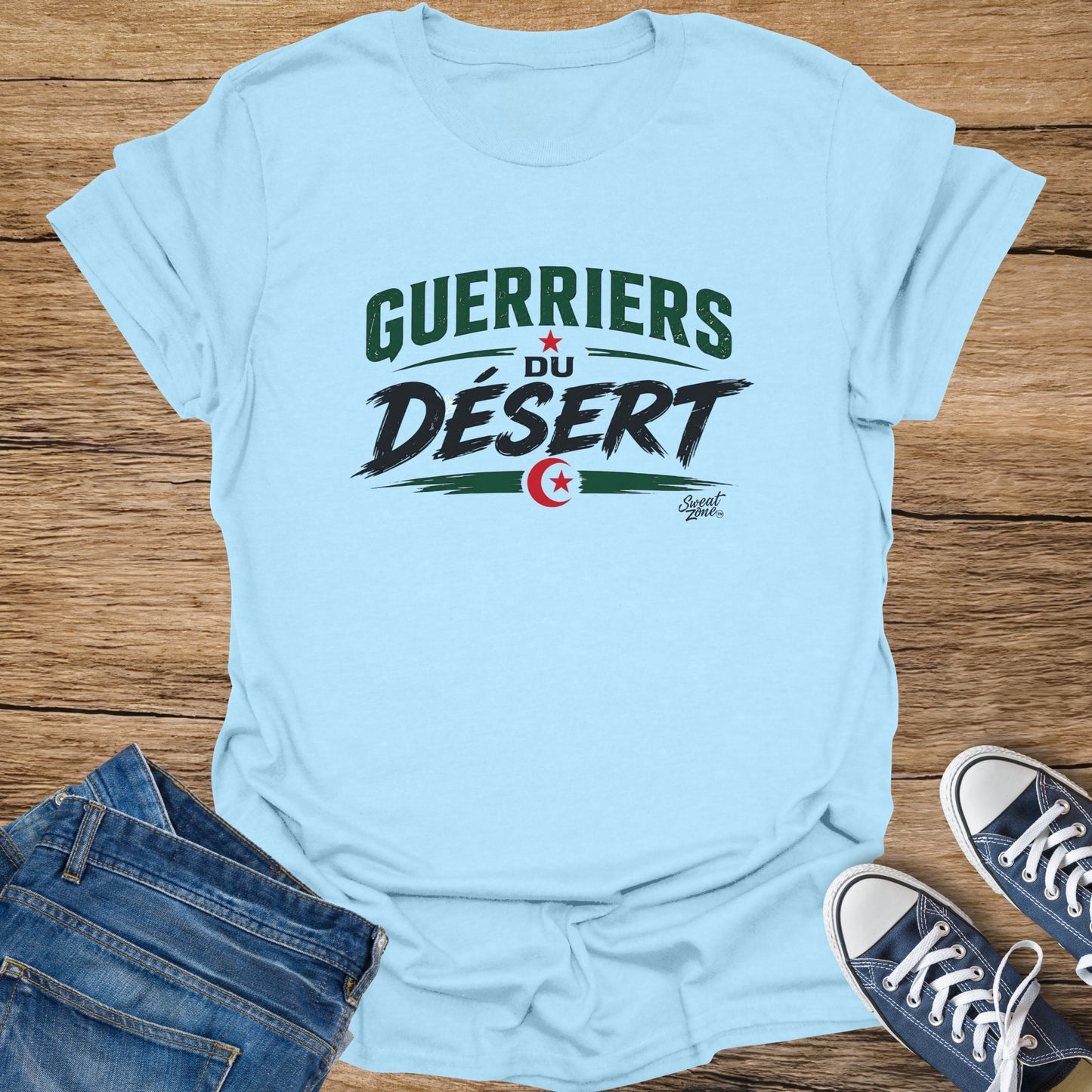 Light blue t-shirt with "GUERRIERS DU DÉSERT" and a desert flag design.