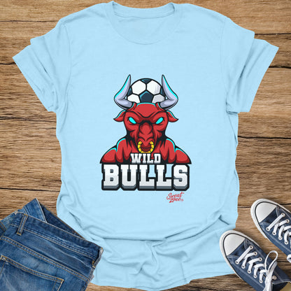 Light blue t-shirt with a red bull wearing a soccer ball and the text "WILD BULLS".