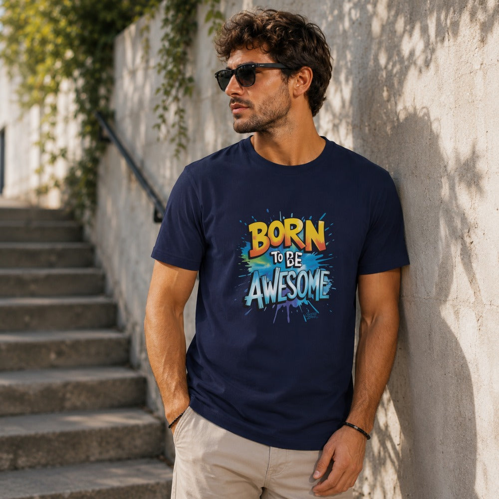 Navy t-shirt with "BORN TO BE AWESOME" graphic in colorful, splattered text.