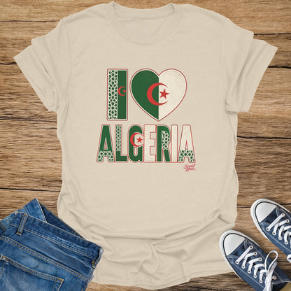 Light tan t-shirt with "I Love Algeria" graphic featuring the Algerian flag.