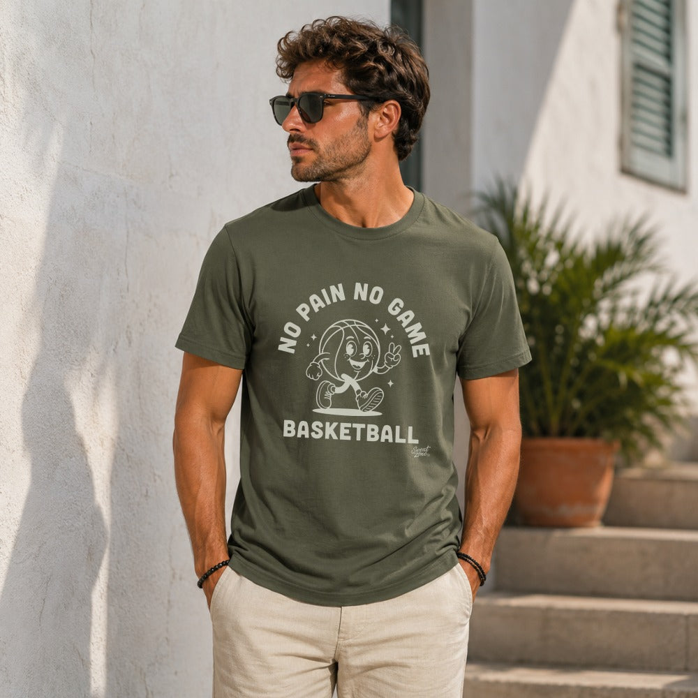 Green t-shirt with "No Pain No Game Basketball" graphic featuring a cartoon basketball.