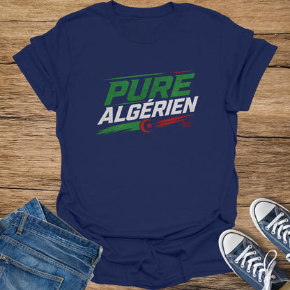 Navy t-shirt with "PURE ALGÉRIEN" text and Algerian flag.