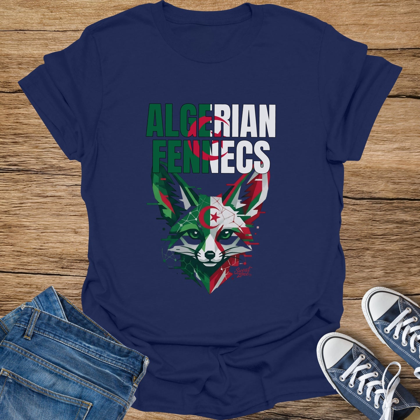 T-shirt with Algerian flag motif on fennec fox face graphic.