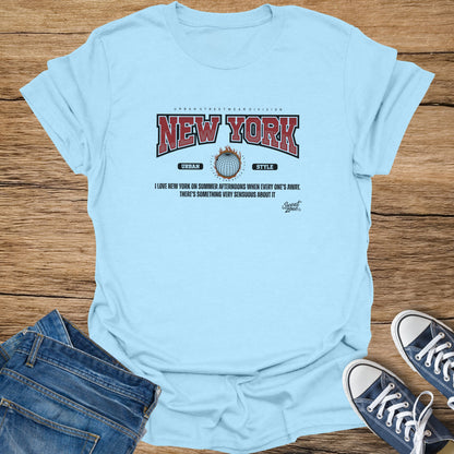 Light blue t-shirt with "New York" print and descriptive text.