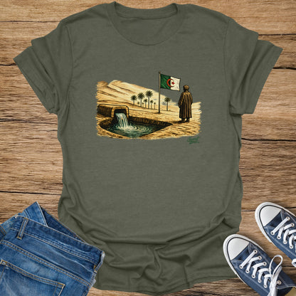 Algerian flag flying over desert oasis with person and water source.