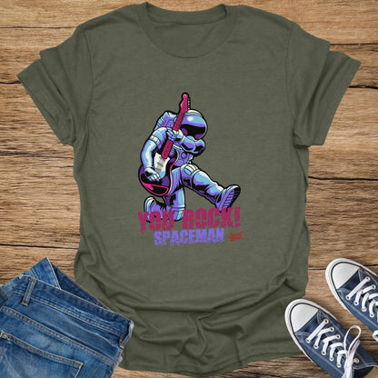 Olive green t-shirt with spaceman playing guitar and text "YOU ROCK! SPACEMAN".