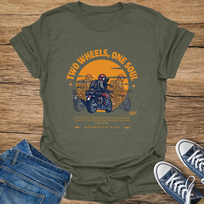 Olive green t-shirt with graphic saying "Two Wheels, One Soul" and "Motorcycle Club".