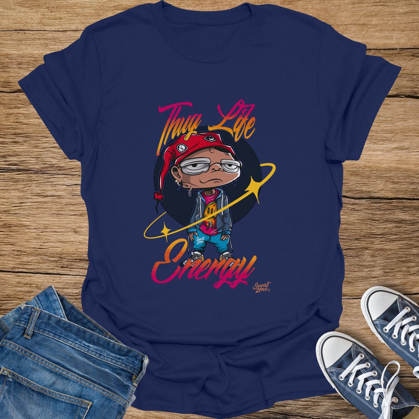 Navy t-shirt with cartoon character graphic "Thug Life Energy" and "Sweat Zone" logo.