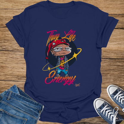 Navy t-shirt with cartoon character graphic "Thug Life Energy" and "Sweat Zone" logo.