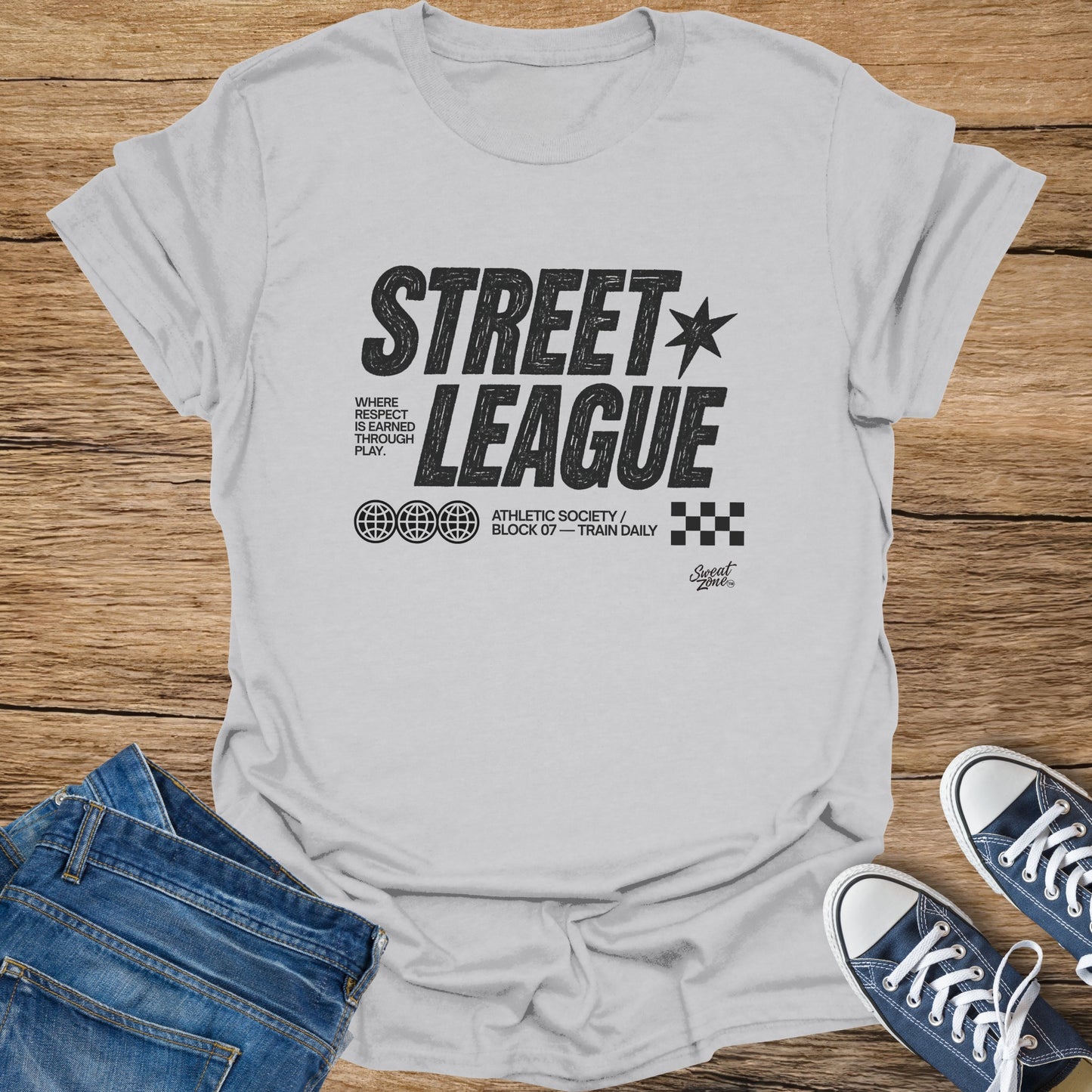 White t-shirt with black "STREET LEAGUE" logo and athletic society text.