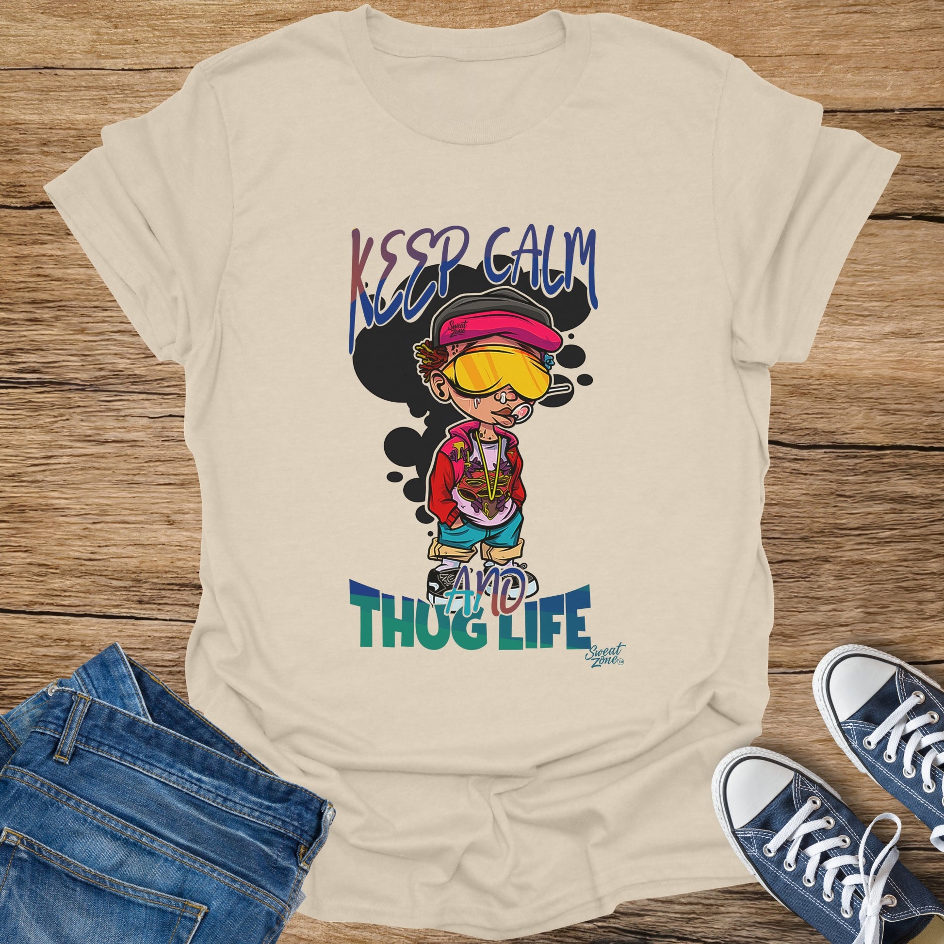 Cream t-shirt with "Keep Calm and Thug Life" text and cartoon character graphic.