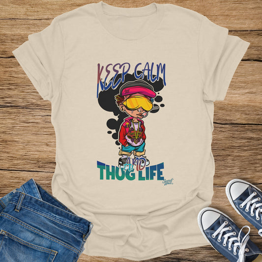 Cream t-shirt with "Keep Calm and Thug Life" text and cartoon character graphic.