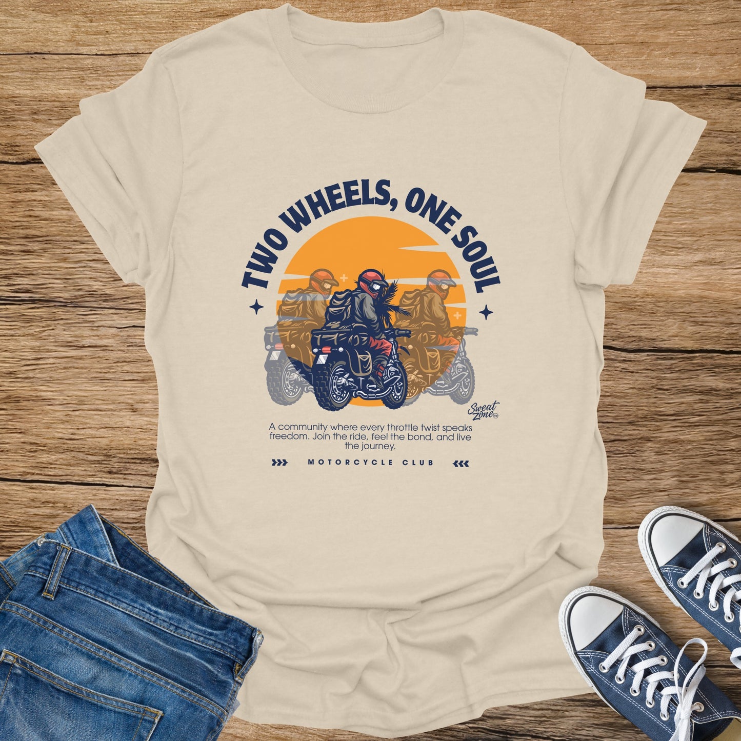 Cream t-shirt with "Two Wheels, One Soul" and motorcycle club graphic.