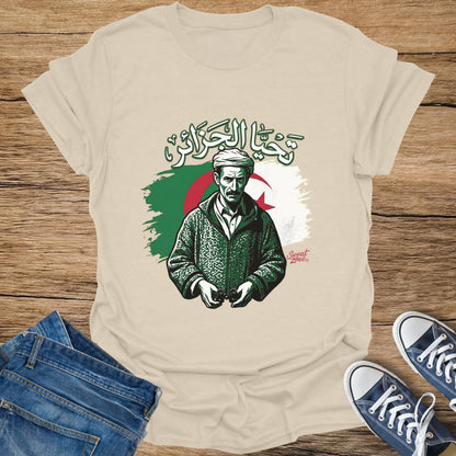 Algerian flag with Arabic text and a man in traditional clothing.