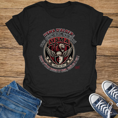 Black t-shirt with USMA D'Alger crest featuring a lion and soccer ball.